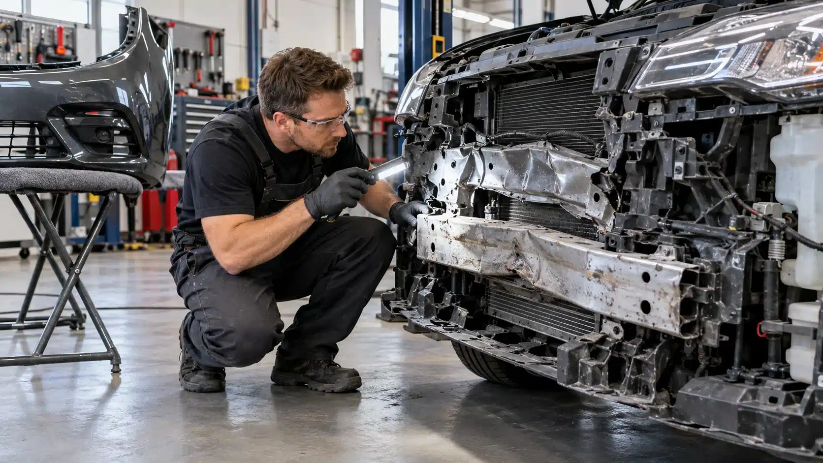 Technician inspecting exposed front-end collision damage on a vehicle