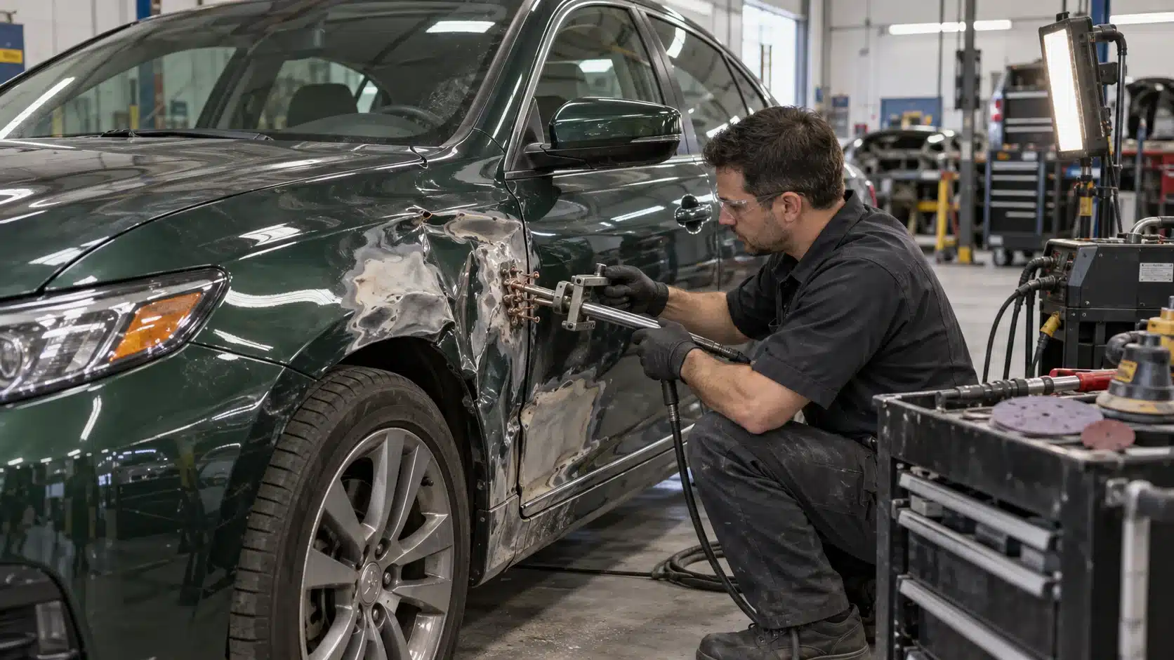 Technician sanding a vehicle body panel