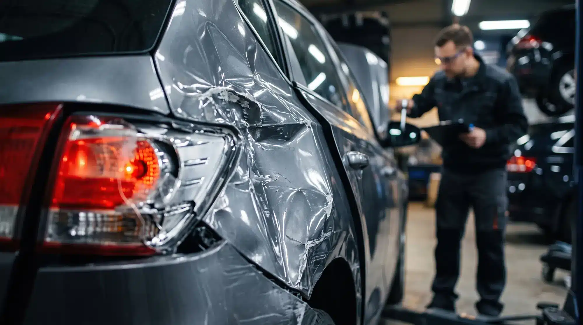 Welder repairing a vehicle frame