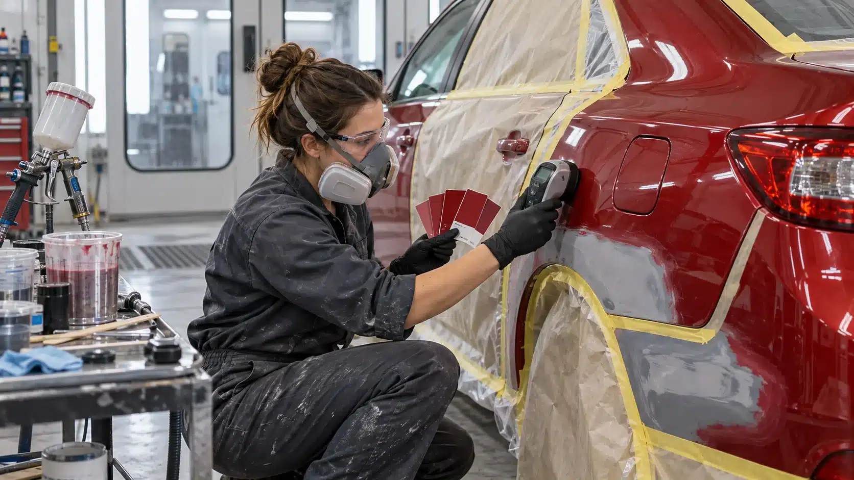 Technician sanding a masked rear body panel before refinishing