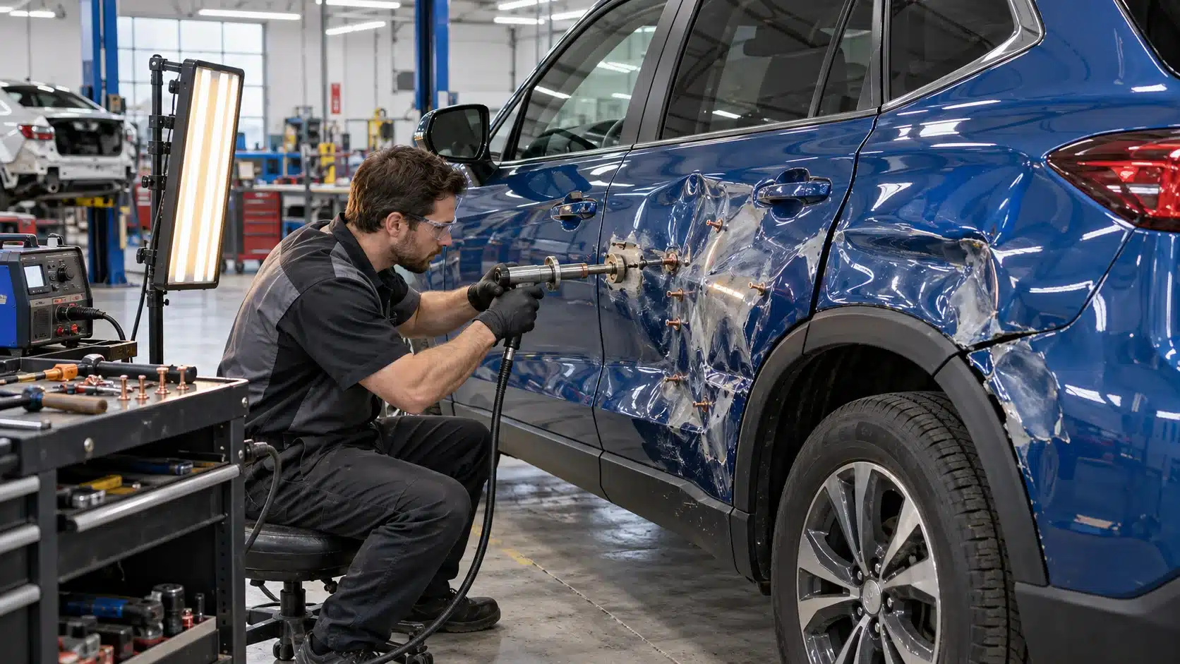 Technician repairing heavily damaged side panels on a blue SUV