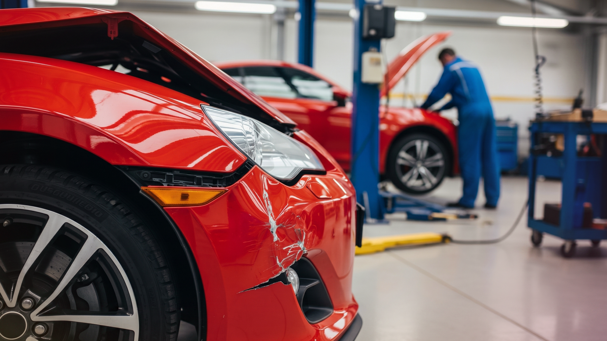 A close-up of a vehicle's body being repaired for dents and paint damage.