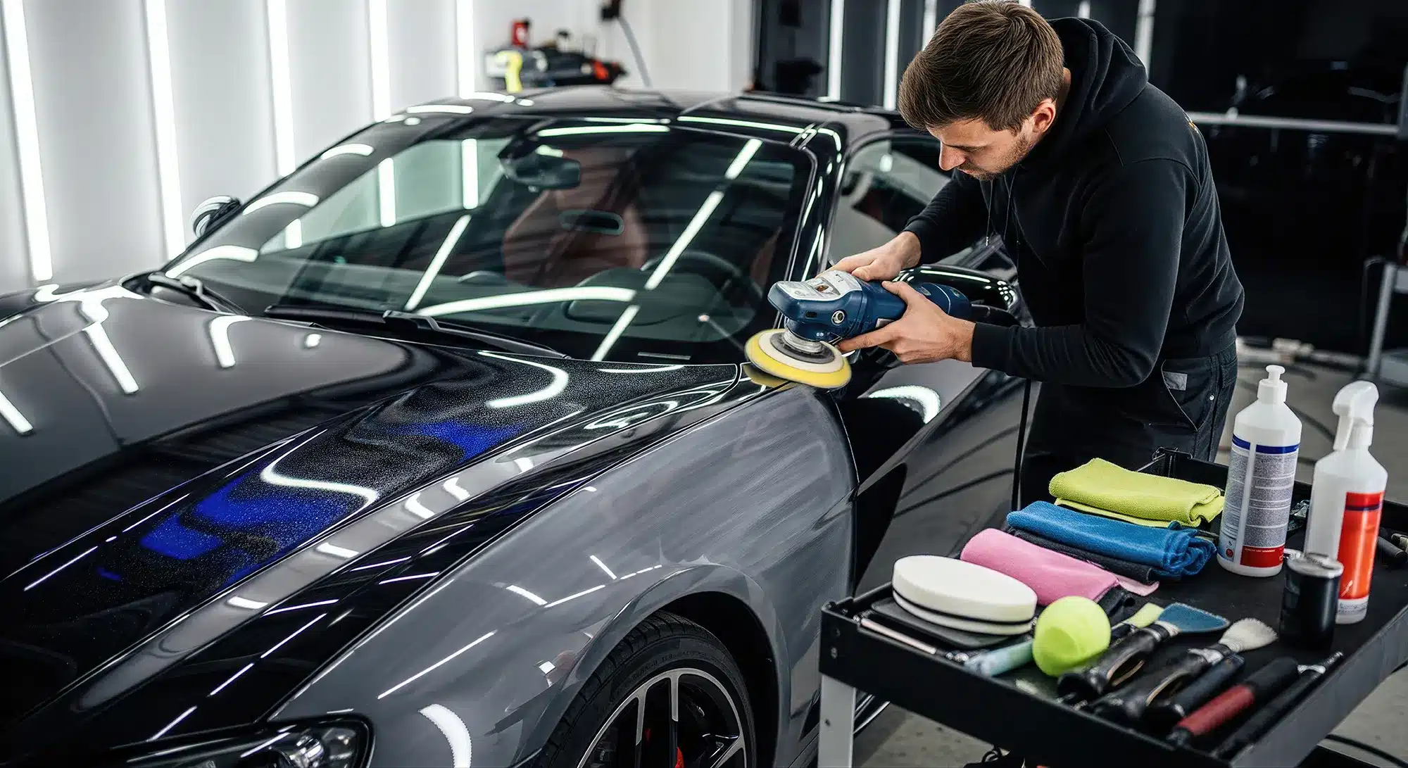 auto detailing tools Detailer reviewing service options with a customer