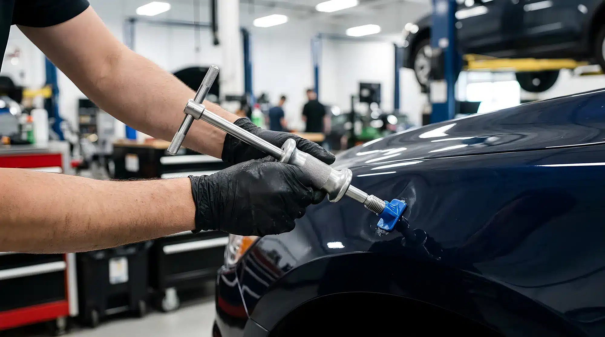 Technician using a dent repair tool on a dark vehicle body panel