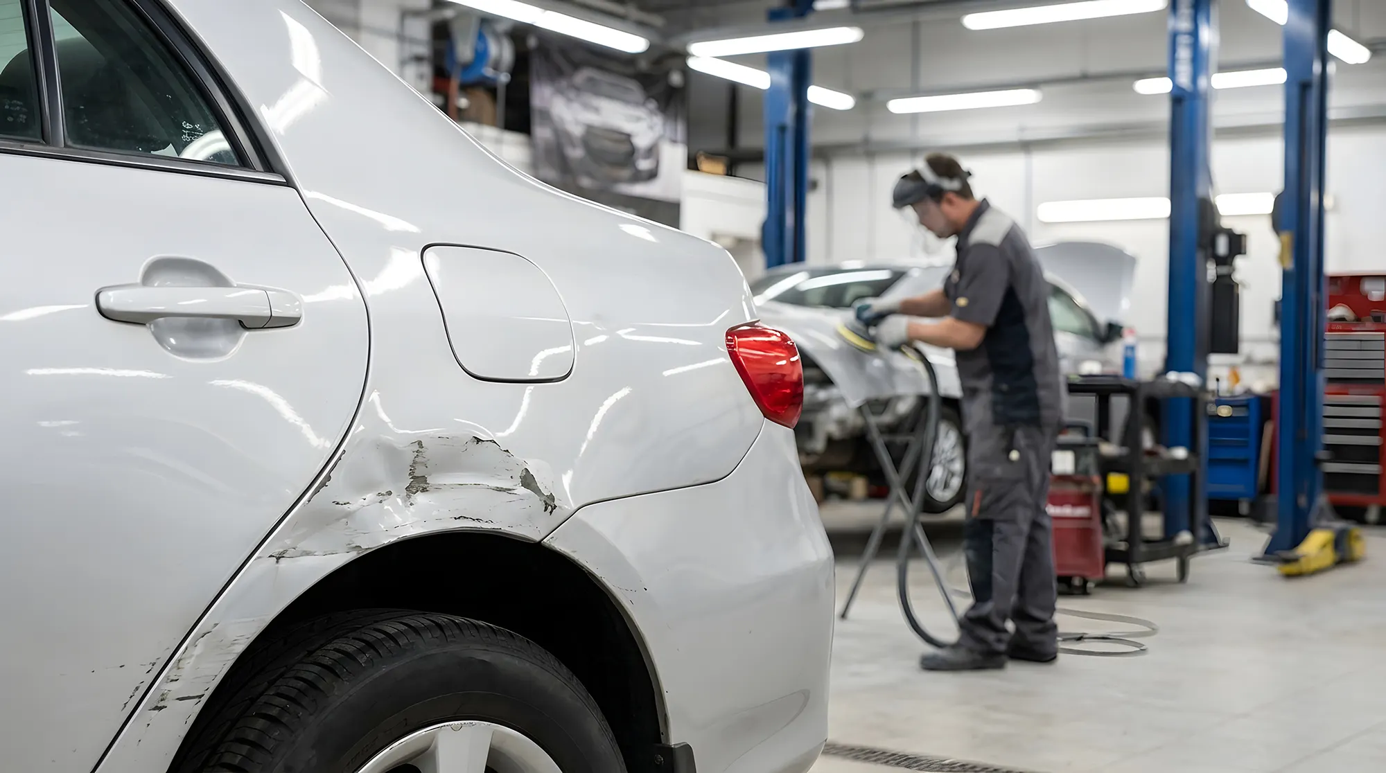 Technician sanding a vehicle body panel
