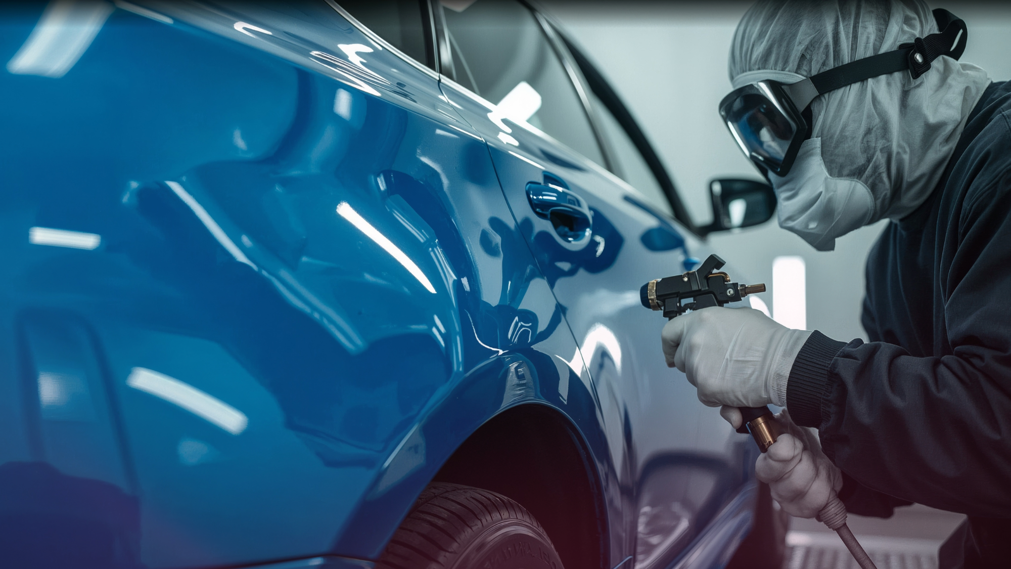 Expert technicians meticulously matching automotive paint colors during a high-quality body repair process.