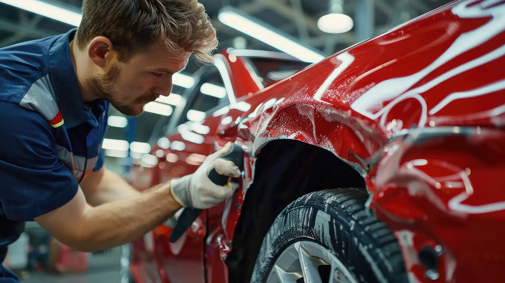 Technician sanding a vehicle body panel