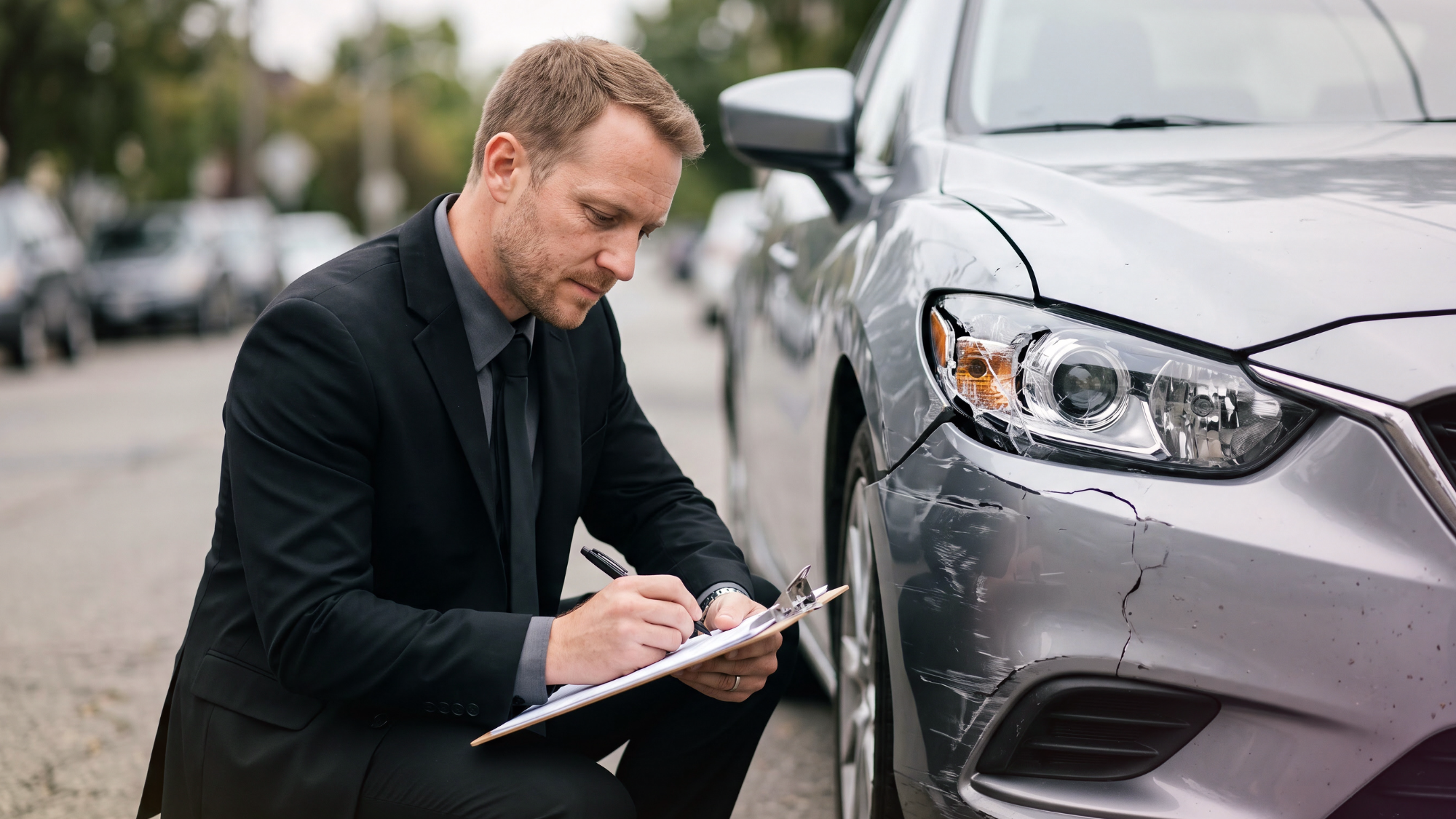A mechanic explains auto body repair estimates to a client in a workshop.