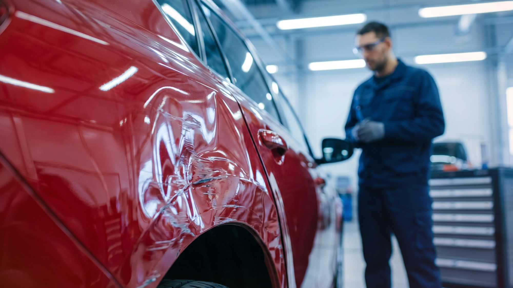 An auto body technician inspecting minor collision damage on a car's bumper.